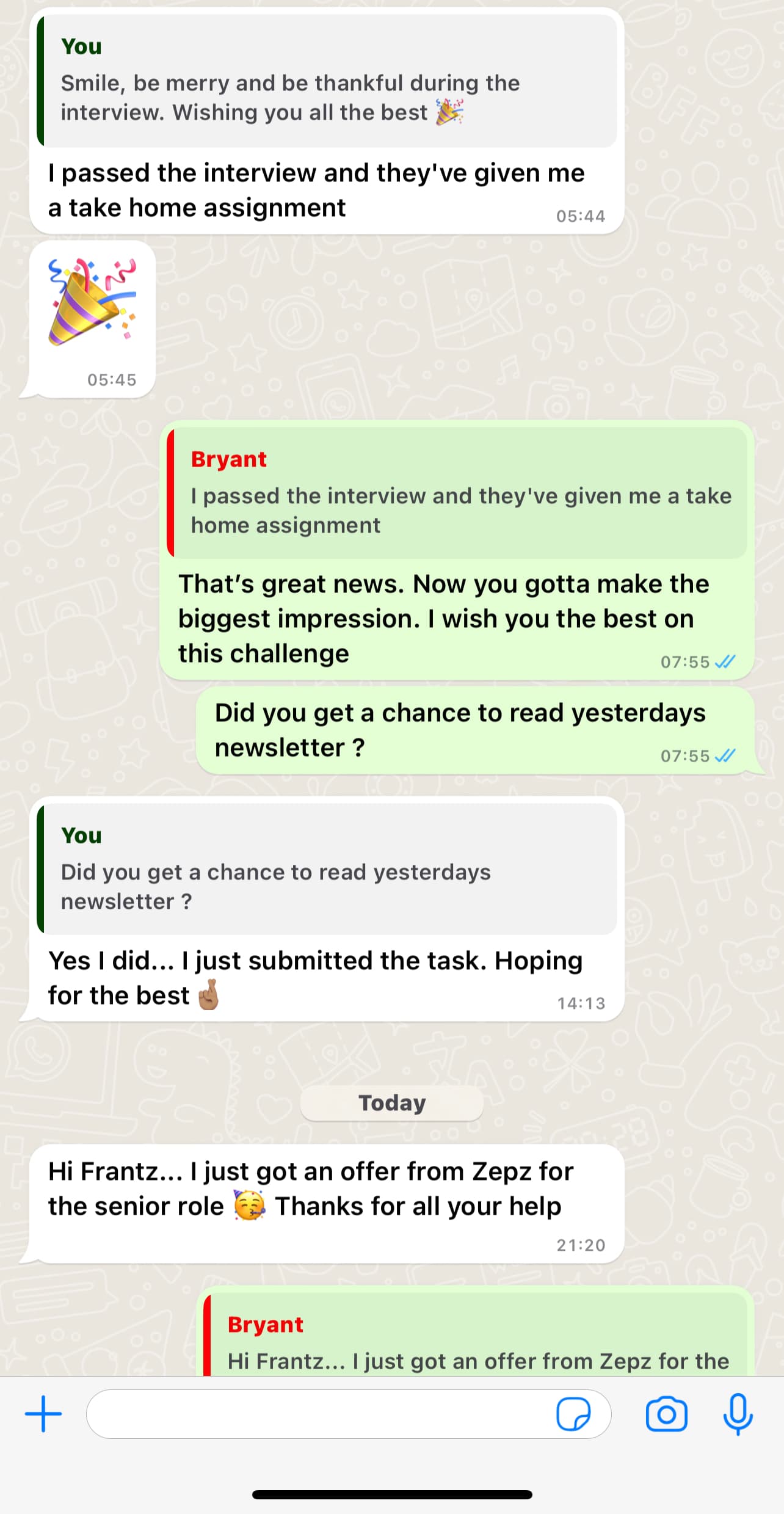 WhatsApp conversation documenting a successful interview, take-home assignment, and senior-role job offer.
