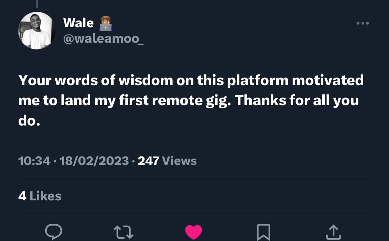 Post from Wale crediting Frantz’s advice with helping him land his first remote job.