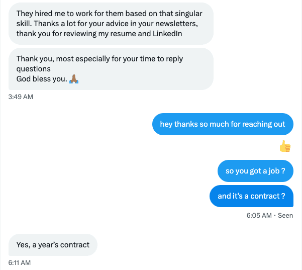 Direct-message conversation confirming a one-year contract after career advice and a résumé review.