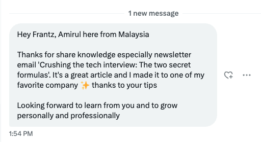 Message from Amirul in Malaysia saying interview advice helped him join a favorite company.